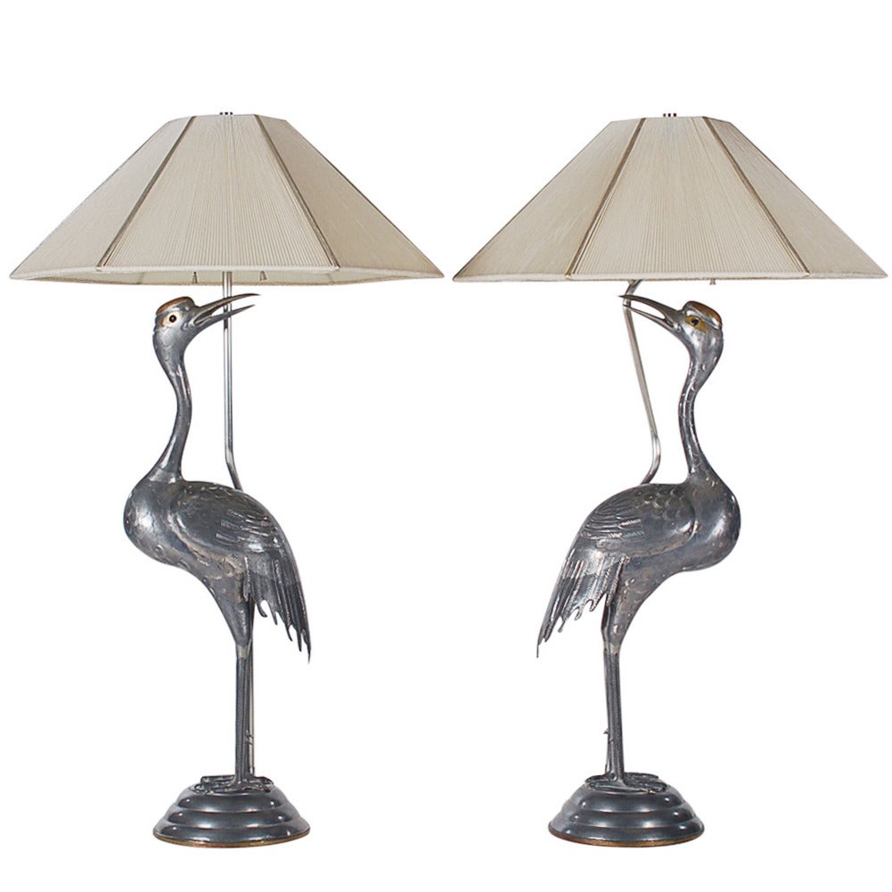 Art Deco Brass and Pewter Heron Table Lamps Attributed to Sergio Bustamante