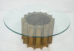 Brutalist Torch Cut Brass and Glass Cocktail Table Attributed to Tom Greene