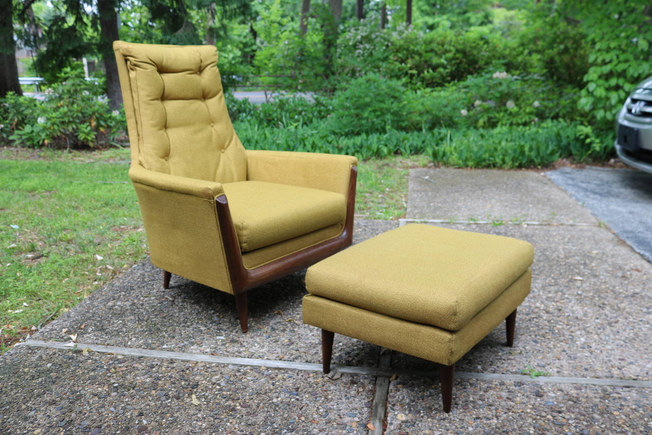 An excellent example of the work of Adrian Pearsall, this set features two armchairs of varying sizes and an ottoman.  Excellent condition.

Large chair: 41h, 32w, 29d, seat 16 high
Smaller chair: 31h, 32w, 27d, seat 16 high
Ottoman: 24w, 18d,