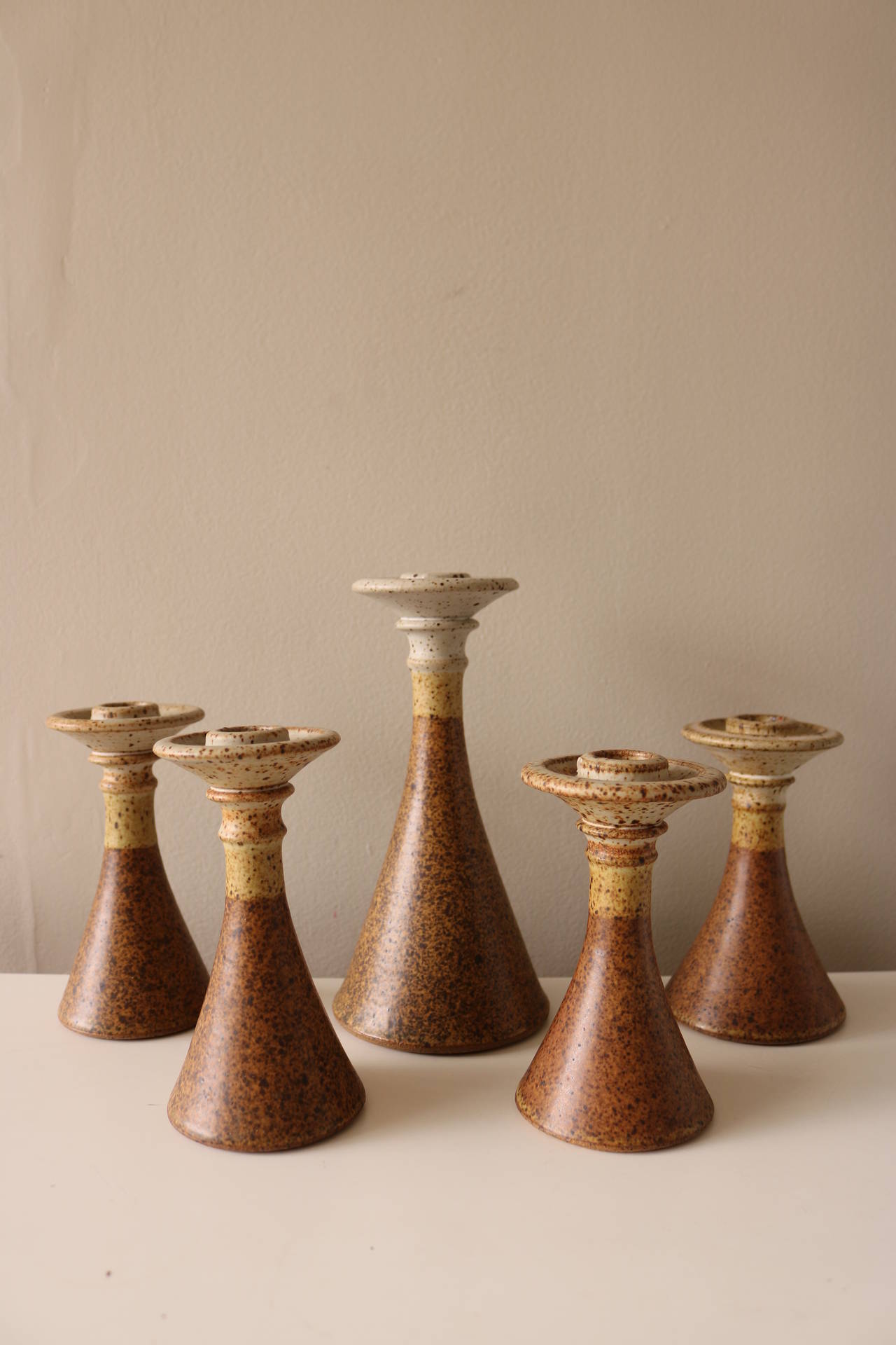 American Suite of Five Studio Pottery Candlesticks