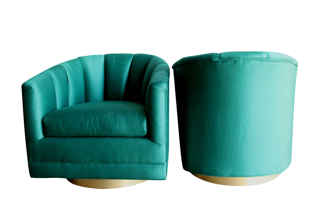 American Pair of Emerald Green Channel Back Swivel Club Chairs with Brushed Brass Bases
