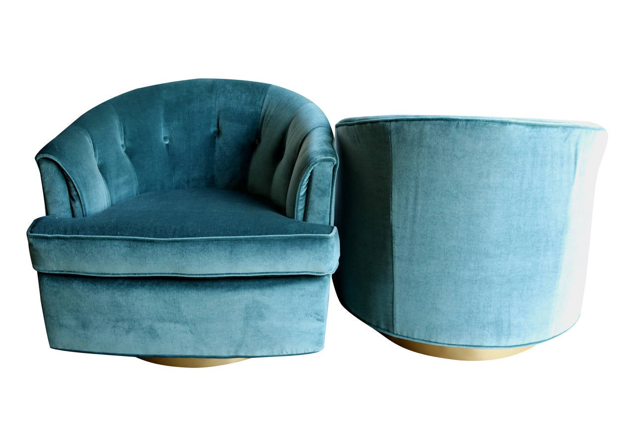 American Pair of Luxurious Velvet Club Chairs on Brushed Brass Swivel Bases