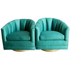 Pair of Emerald Green Channel Back Swivel Club Chairs with Brushed Brass Bases