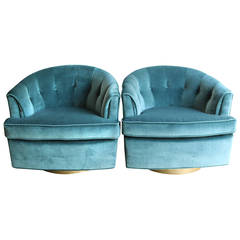 Pair of Luxurious Velvet Club Chairs on Brushed Brass Swivel Bases