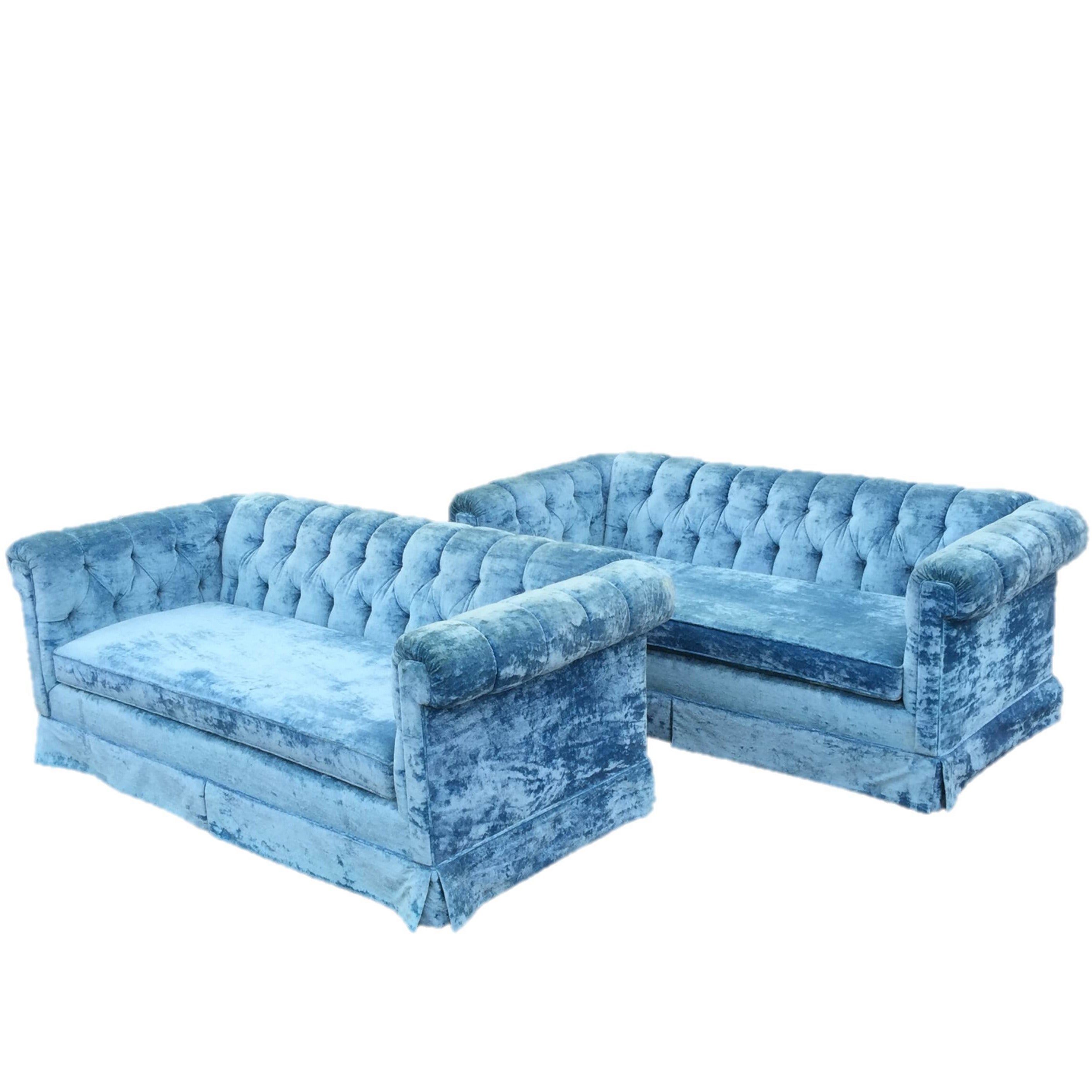 Pair of Petite Blue Tufted Velvet Chesterfield Sofas