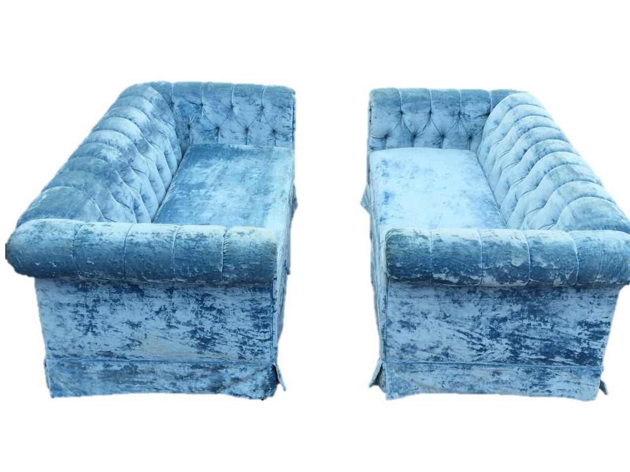 Pair of Petite Blue Tufted Velvet Chesterfield Sofas
