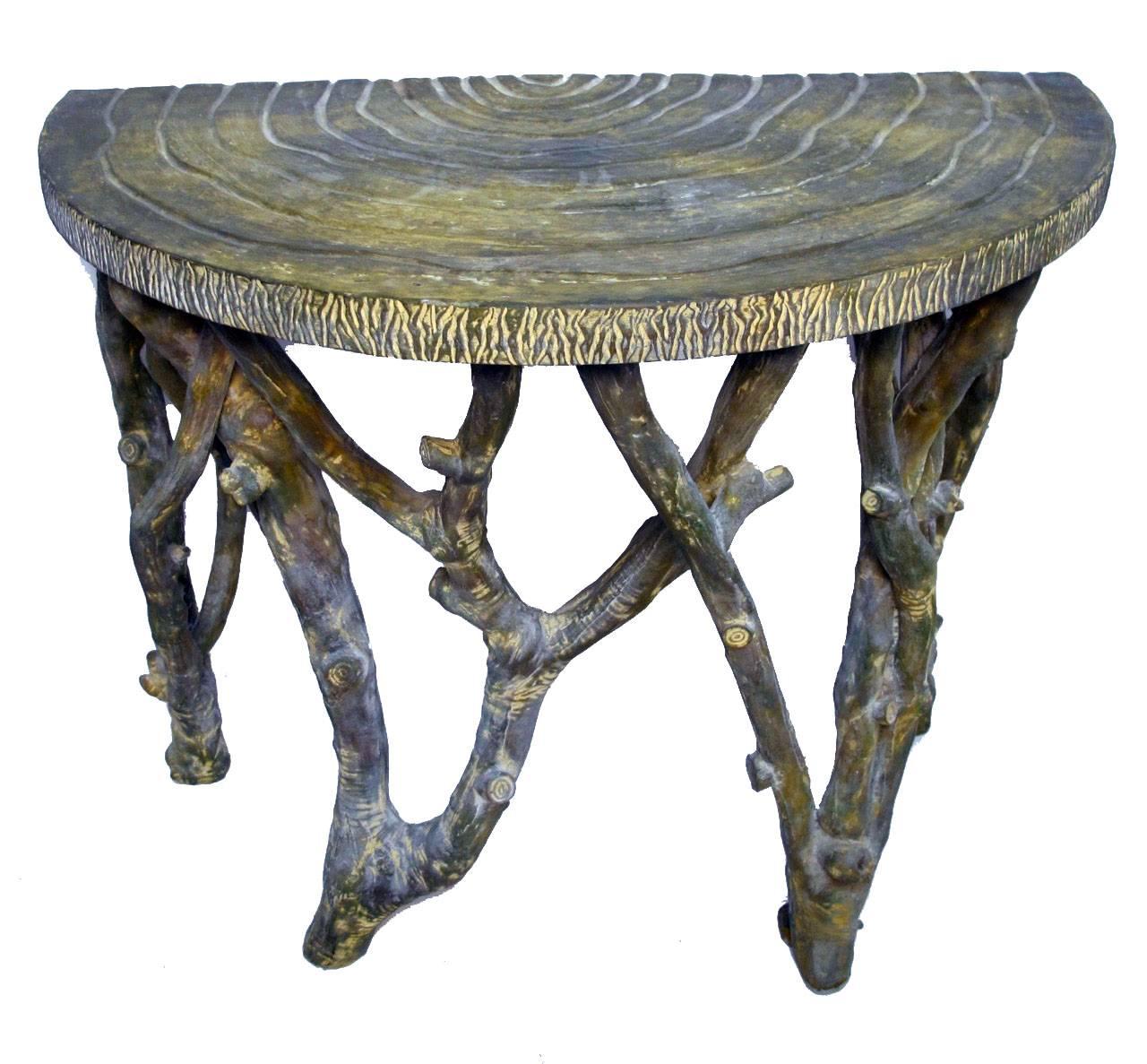 Mid-Century Modern Faux Bois Tree Branch Demi-lune Console Table, Mid Century American circa 1970