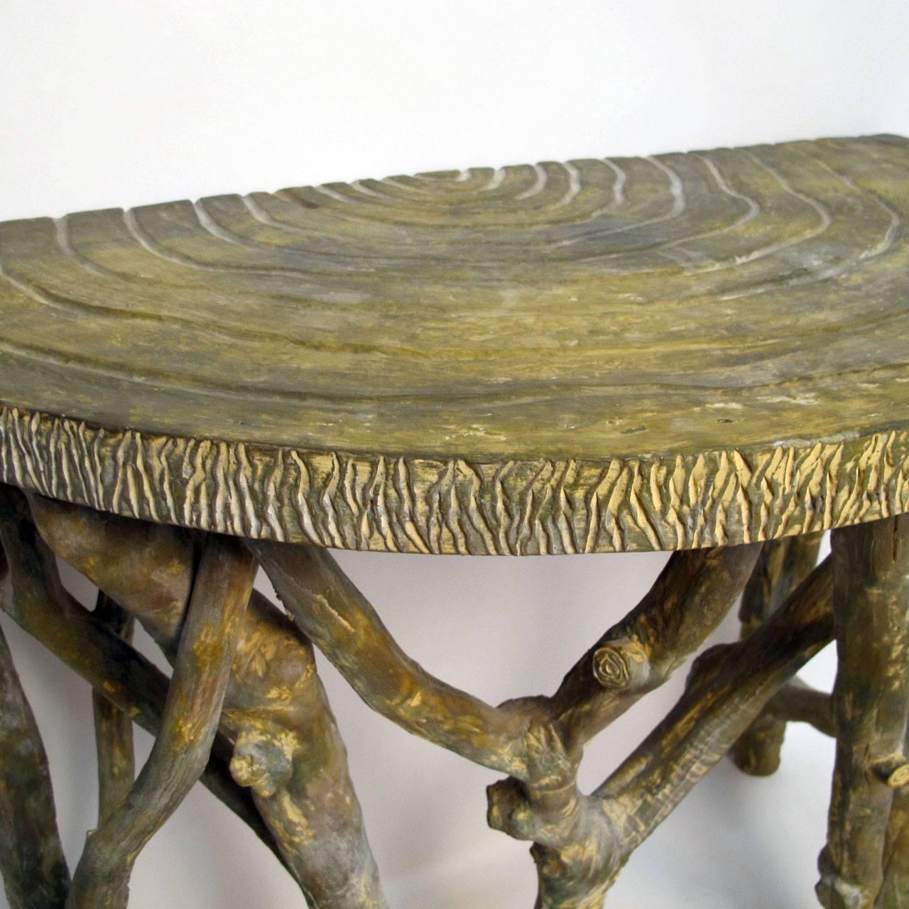 Faux Bois Tree Branch Demi-lune Console Table, Mid Century American circa 1970 In Excellent Condition In San Francisco, CA