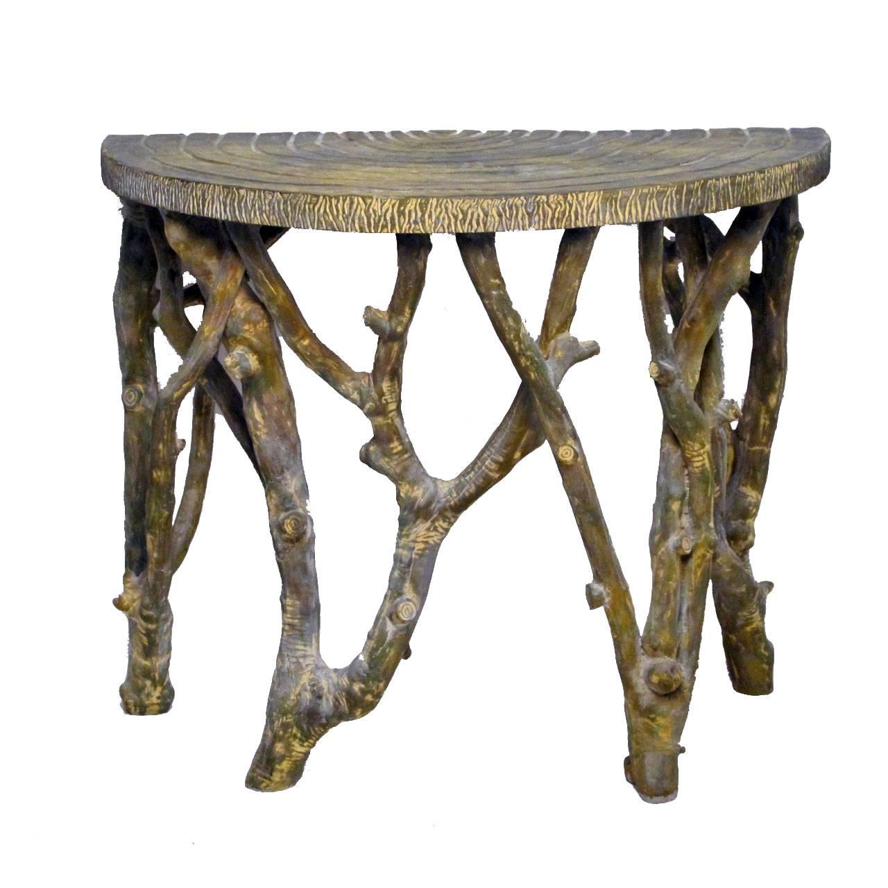 20th Century Faux Bois Tree Branch Demi-lune Console Table, Mid Century American circa 1970