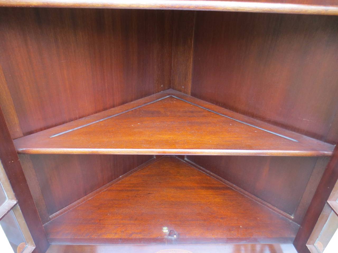 Glass Edwardian Inlaid Mahogany Corner Cabinet For Sale