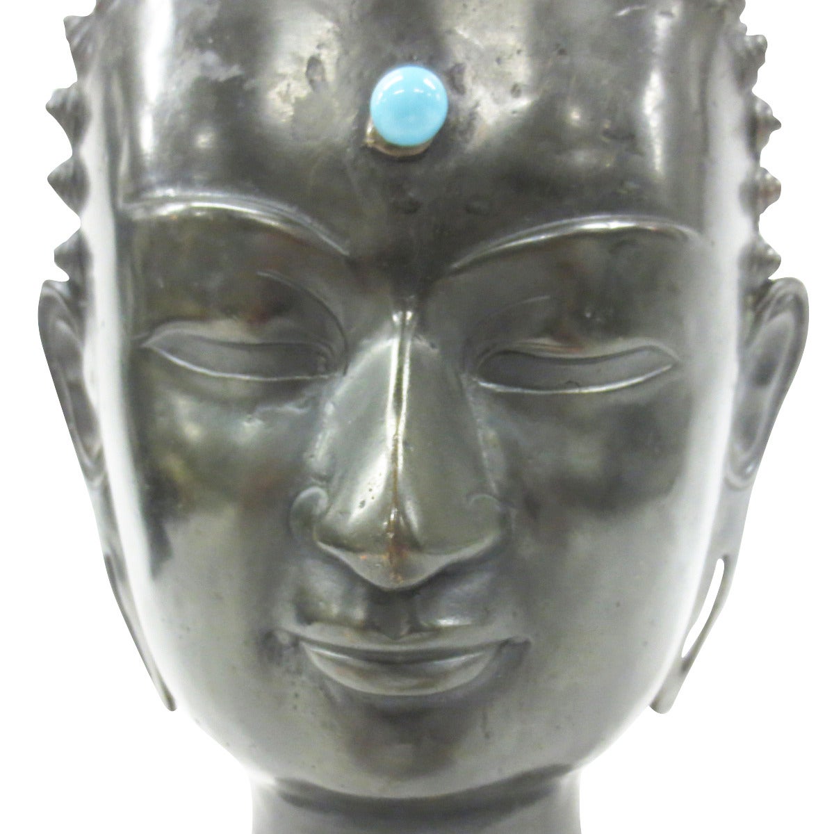 Signed Bronze Buddha Head with Turquoise Bindi For Sale 1