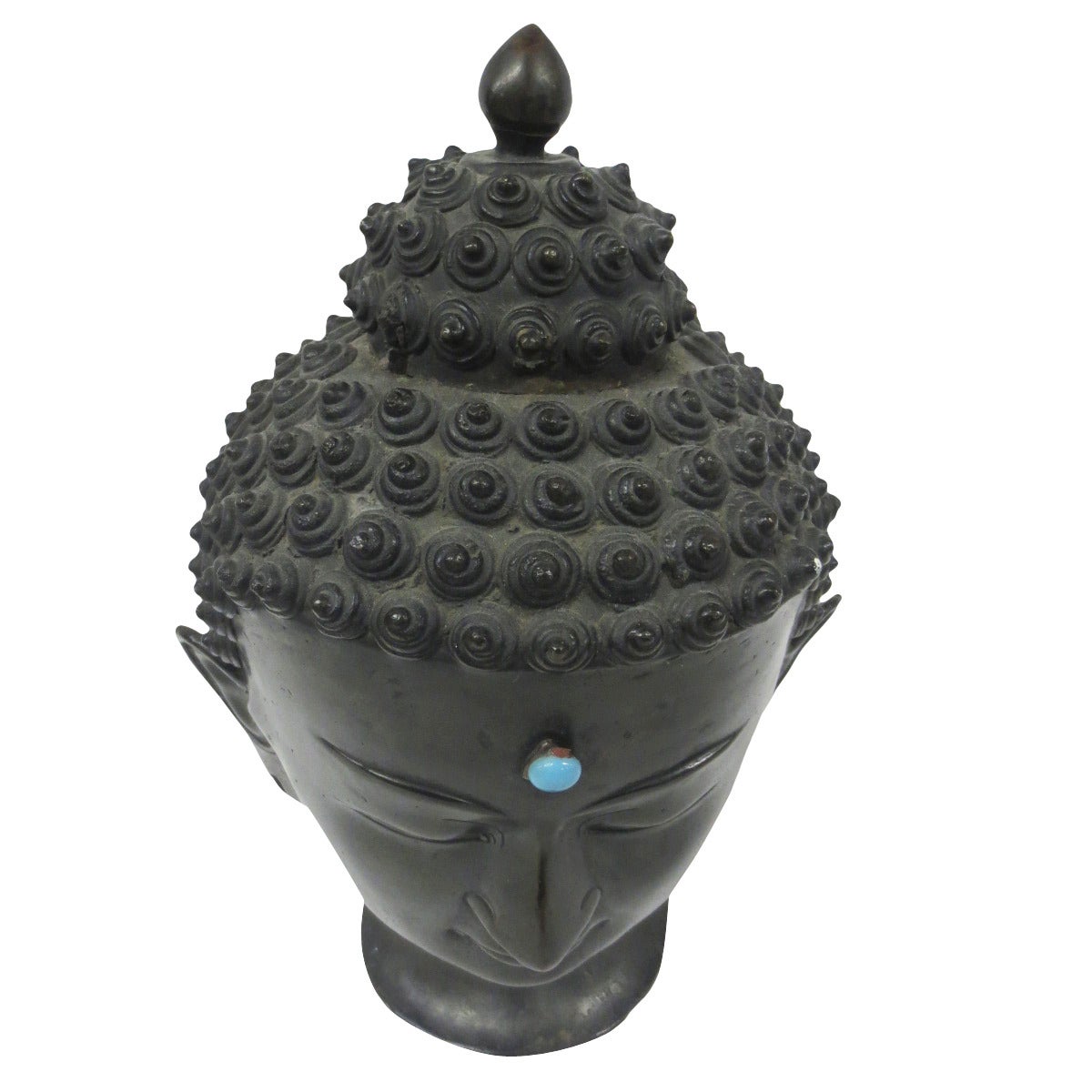 20th Century Signed Bronze Buddha Head with Turquoise Bindi For Sale