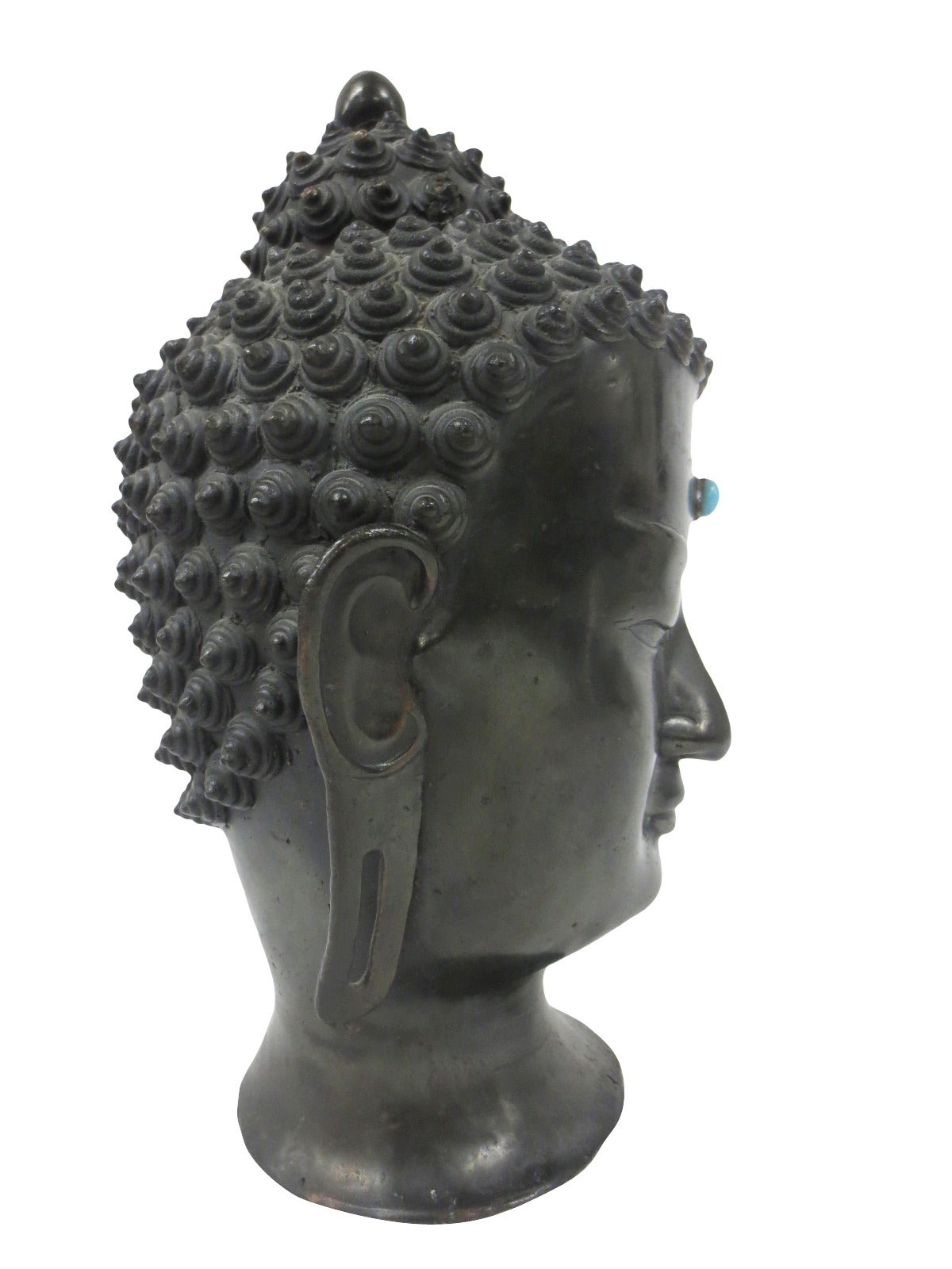 Bronze Buddha head with turquoise jewel Bindi signed illegibly at the back of the neck.