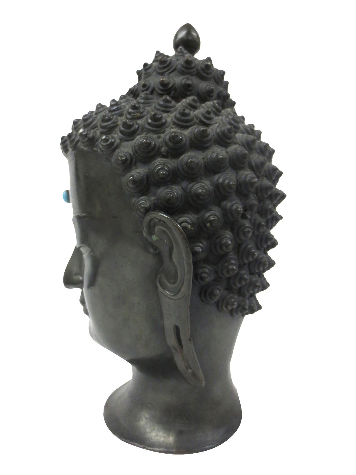 Signed Bronze Buddha Head with Turquoise Bindi In Excellent Condition For Sale In Holliston, MA