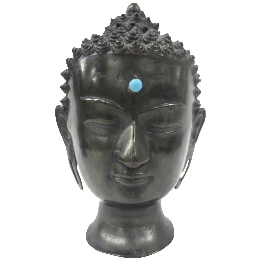 Signed Bronze Buddha Head with Turquoise Bindi For Sale