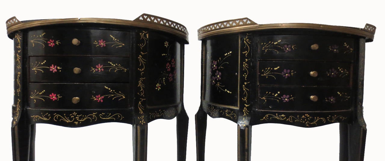 Pair of Demilune Side Tables with Brass Gallery In Good Condition For Sale In Holliston, MA