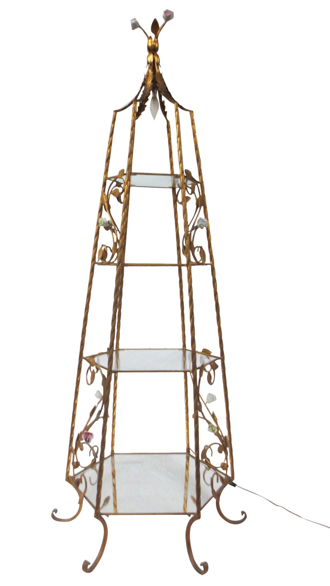 Italian rococo brass and porcelain floral etagere with mirrored bottom shelf and all other shelves clear glass, electrified.