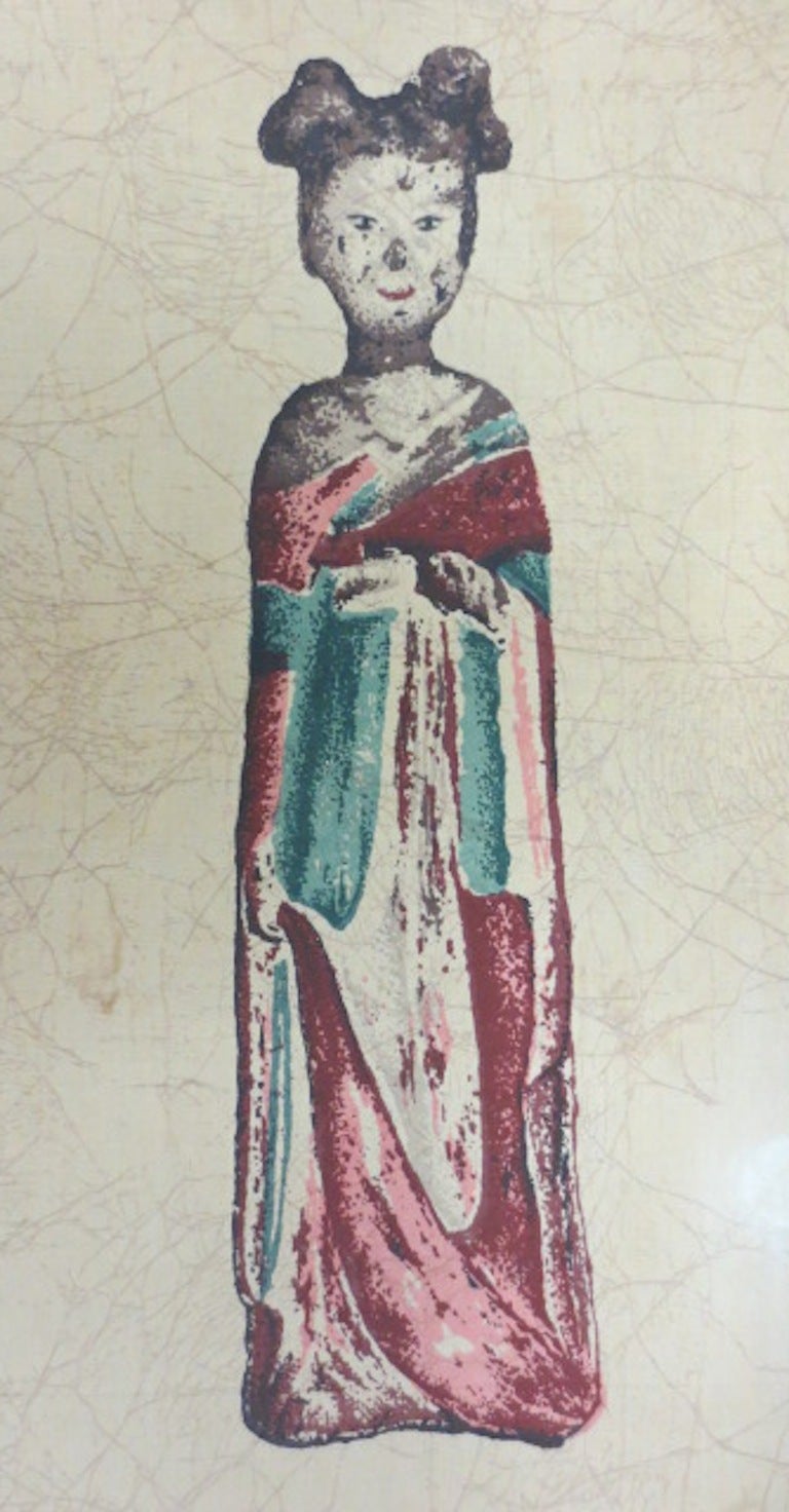 Chinese framed silkscreen on fabric, young woman