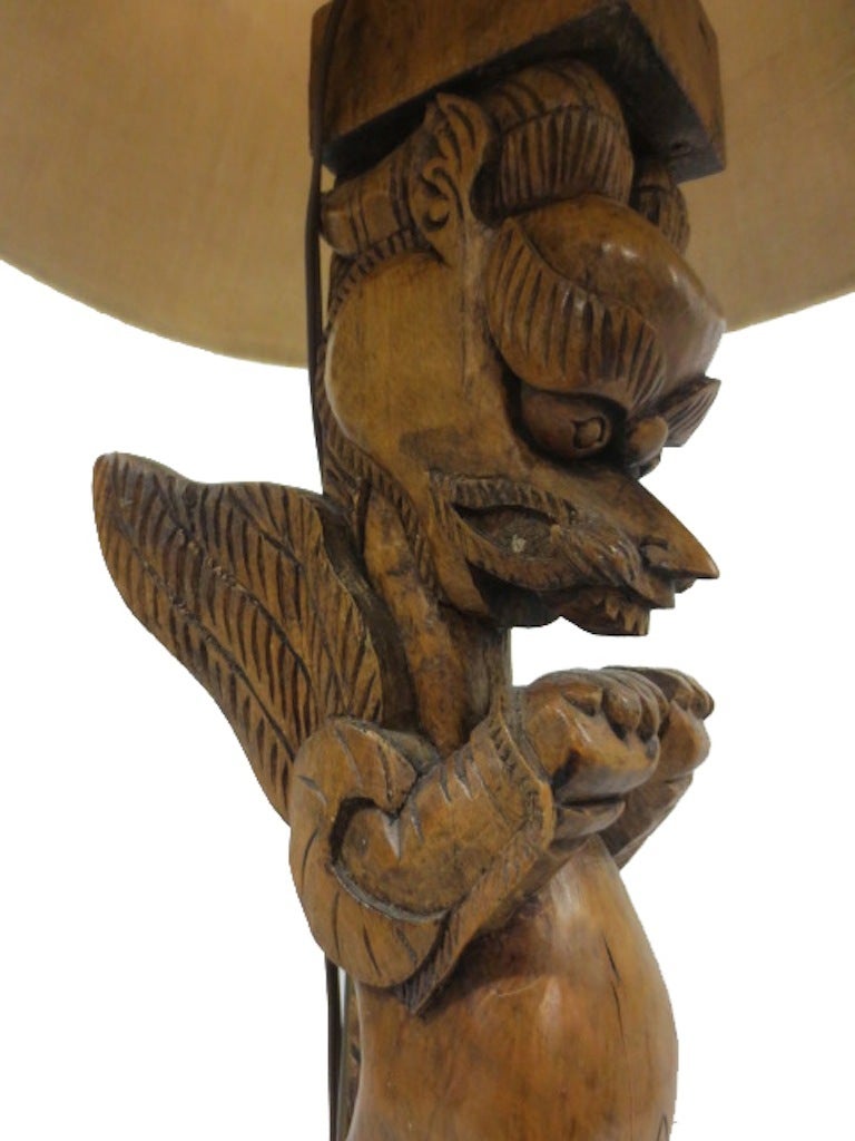 Pair of Hand-Carved Chinese Wooden Dragon Lamps For Sale 1