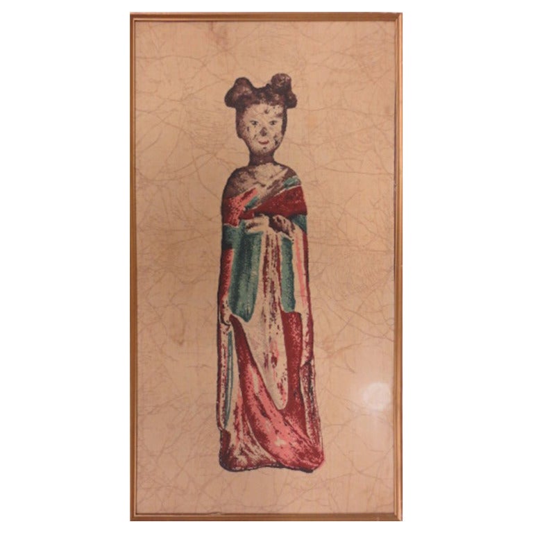 Chinese Framed Silkscreen on Fabric, Young Woman For Sale