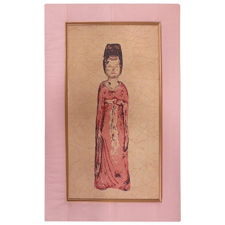 Chinese Framed Silkscreen on Fabric, Young Woman in Pink For Sale