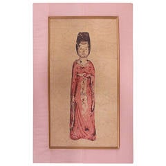 Chinese Framed Silkscreen on Fabric, Young Woman in Pink