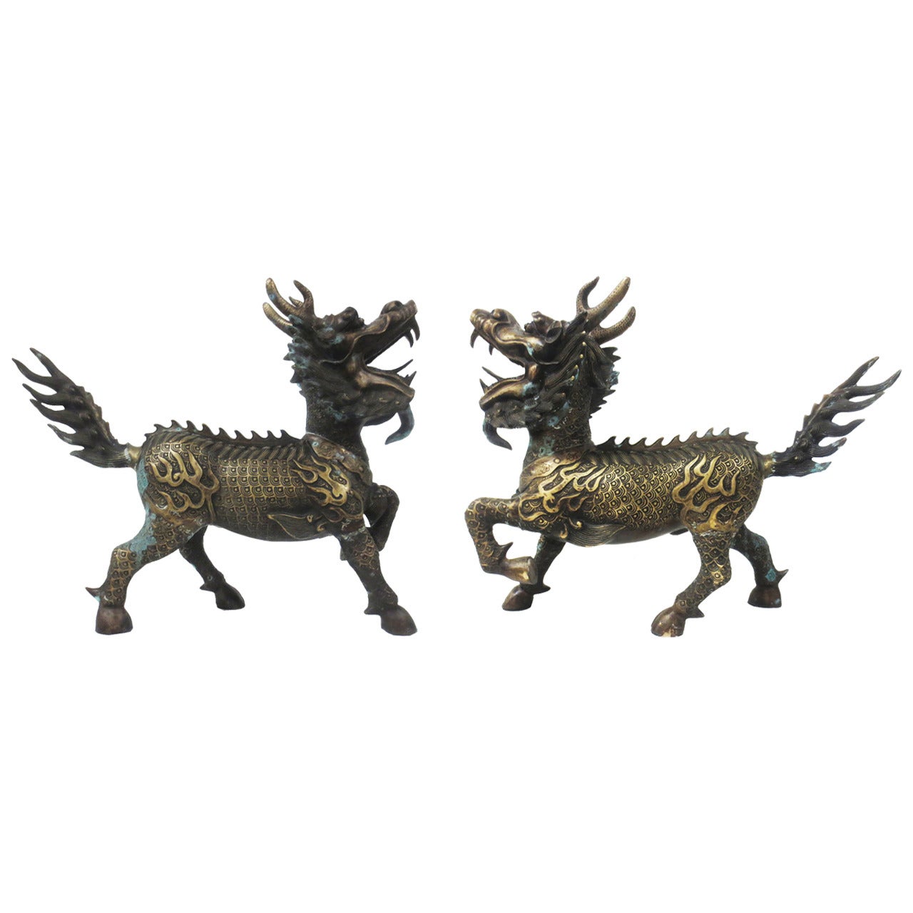 Large Midcentury Chinese Cast Bronze Qilins For Sale