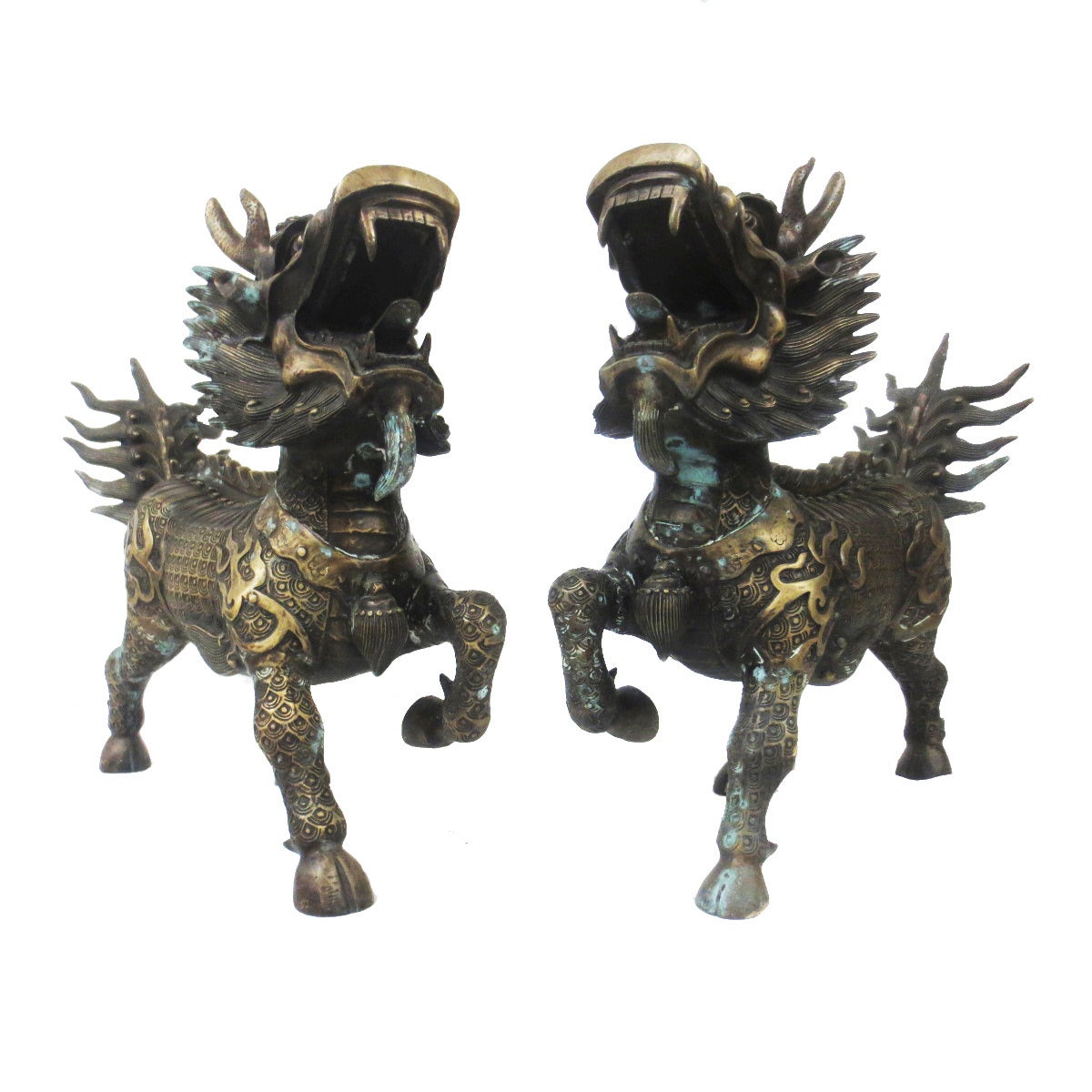 Large Mid-Century cast bronzed brass Chinese Foo Dragons, male and female each weighs approximately 50 pounds.