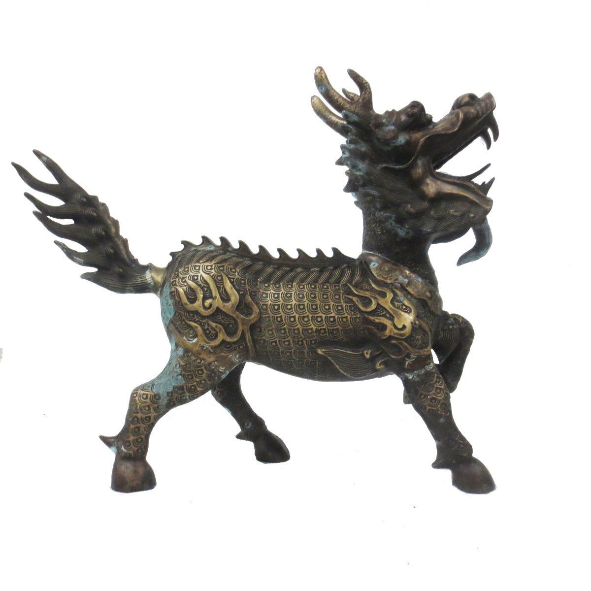 Etched Large Midcentury Chinese Cast Bronze Qilins For Sale