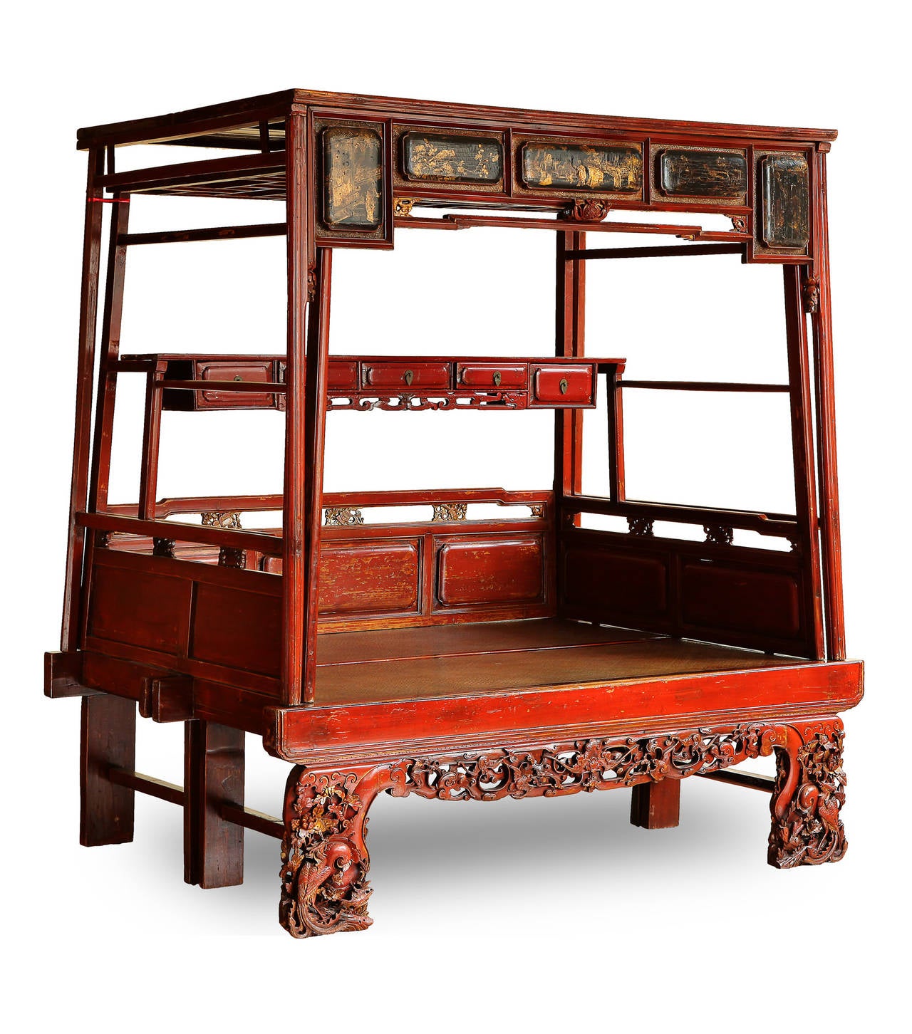 Rare canopy bed from Fujian, China. Totally lacquered with rhus verniciflua, friezes and paintings run through the piece, creating an unique bed. The legs are finely carved with flowers, music instruments and books. The black and gold painting