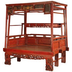 Antique Carved and Lacquered Chinese Canopy Bed, Qing Dynasty