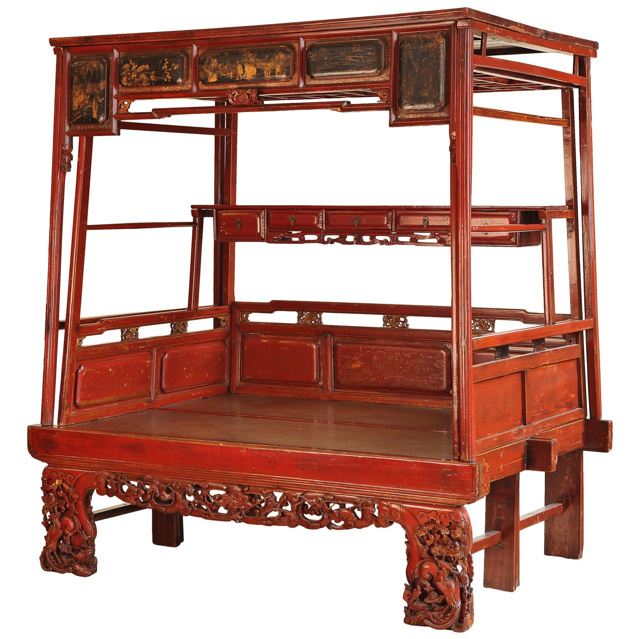 Antique Carved and Lacquered Chinese Canopy Bed, Qing Dynasty For Sale