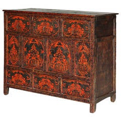 Antique Painted Tibetan Cabinet, 19th Century