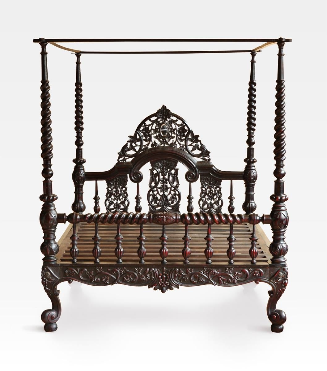 Anglo-Indian Colonial Rosewood Four-Poster Bed, 19th Century