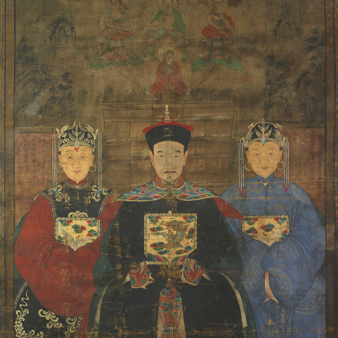 Imperial dignitary's portrait with his consorts. A large painting full of traditional Chinese symbols Qiuialong's ages as the beautiful dragon that wraps around dignitary's robe, a symbol used only by emperor and important dignitary, or even the