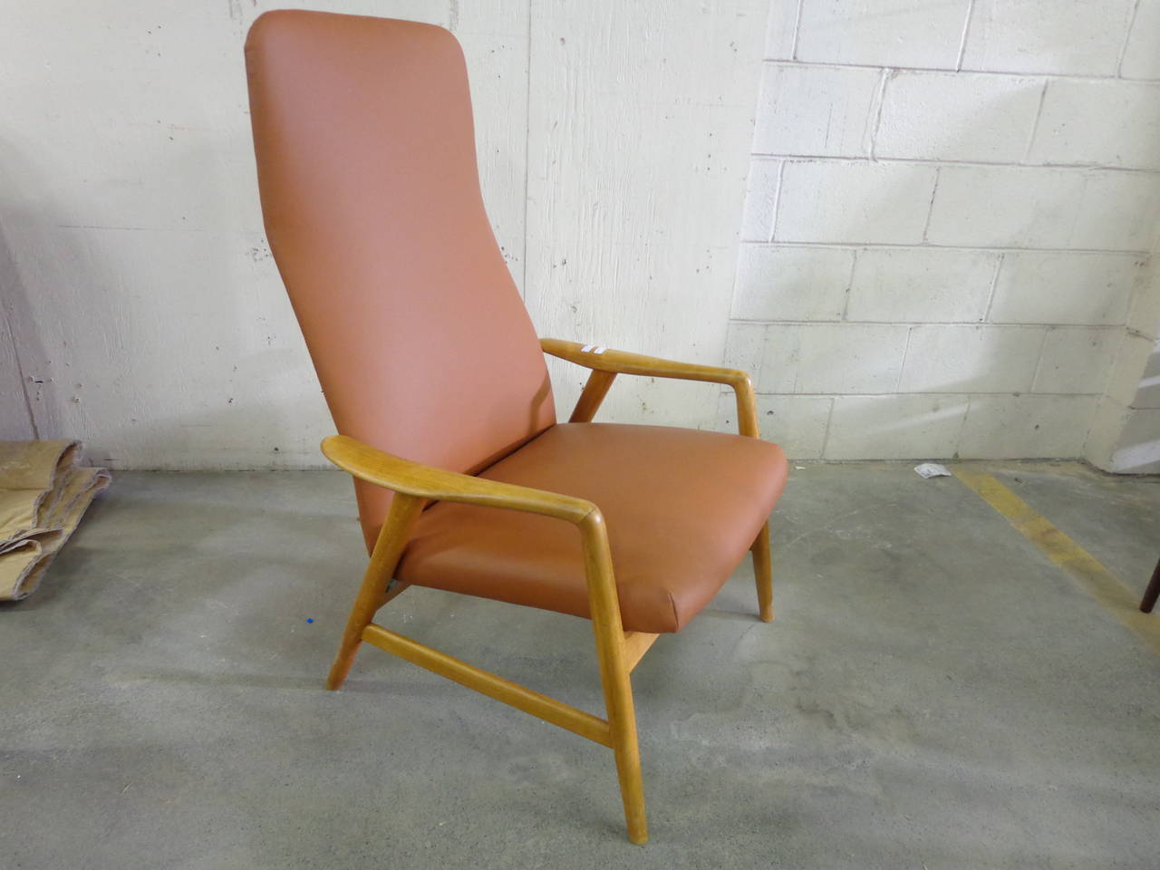 Alf Svenssen armchair with adjustable back in beech. New leather upholstery, DUX furniture, Sweden.