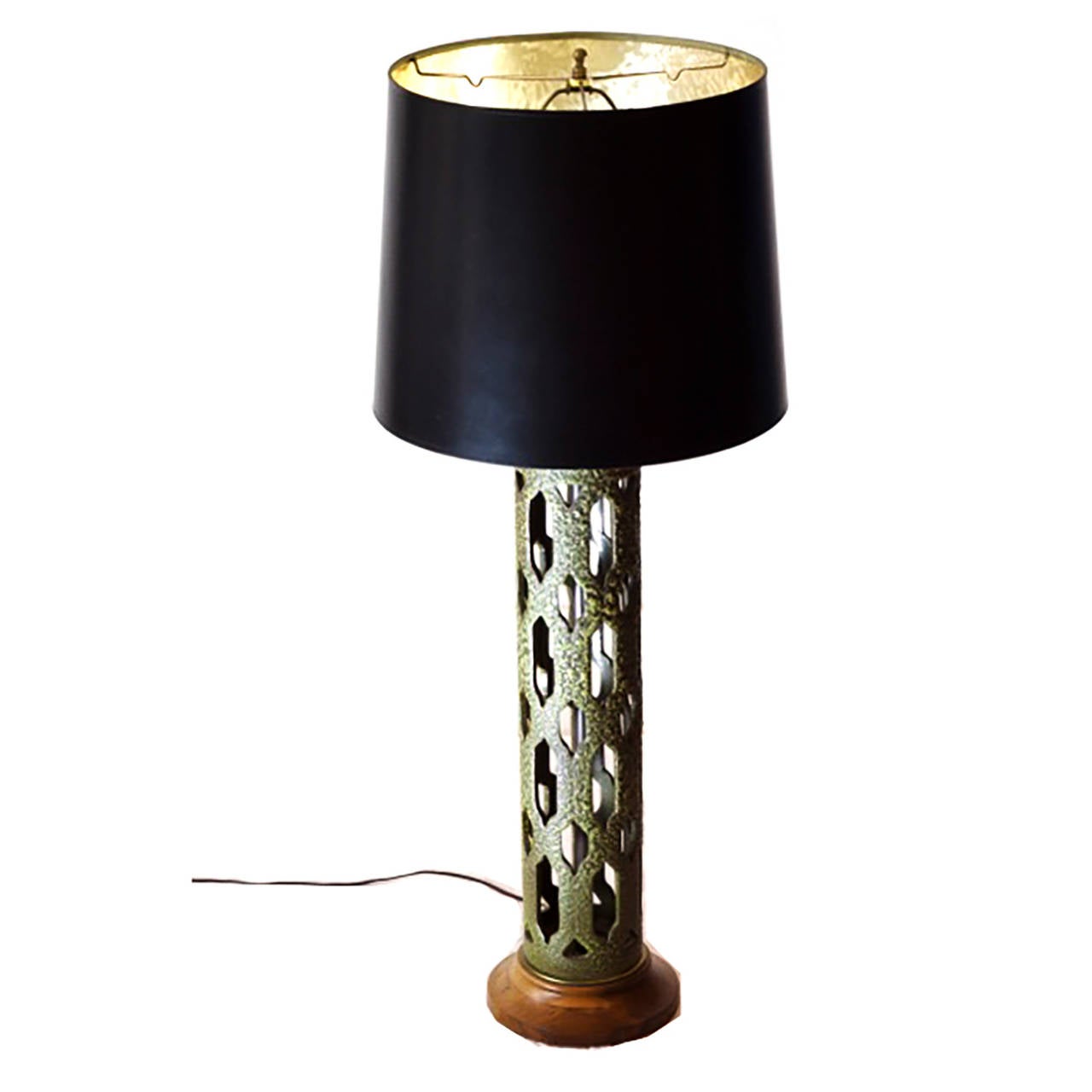 Midcentury art pottery lamp with wooden base. New black and gold lined shade. Wiring is in good condition.