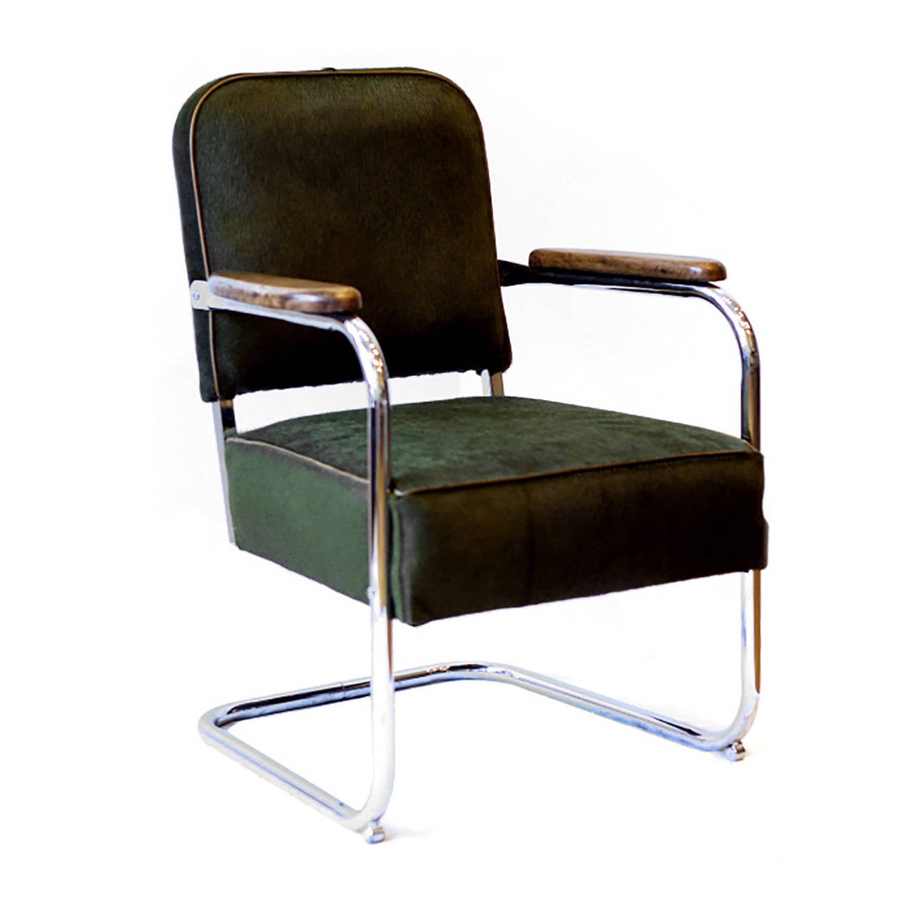 Custom leather and chrome pony hide side chairs. Designed by York Street Studio. 
Custom olive green dyed pony hide with leather piping and full grain leather arm rest. 
Approximatly 10 years old. Excellent condition. 
22