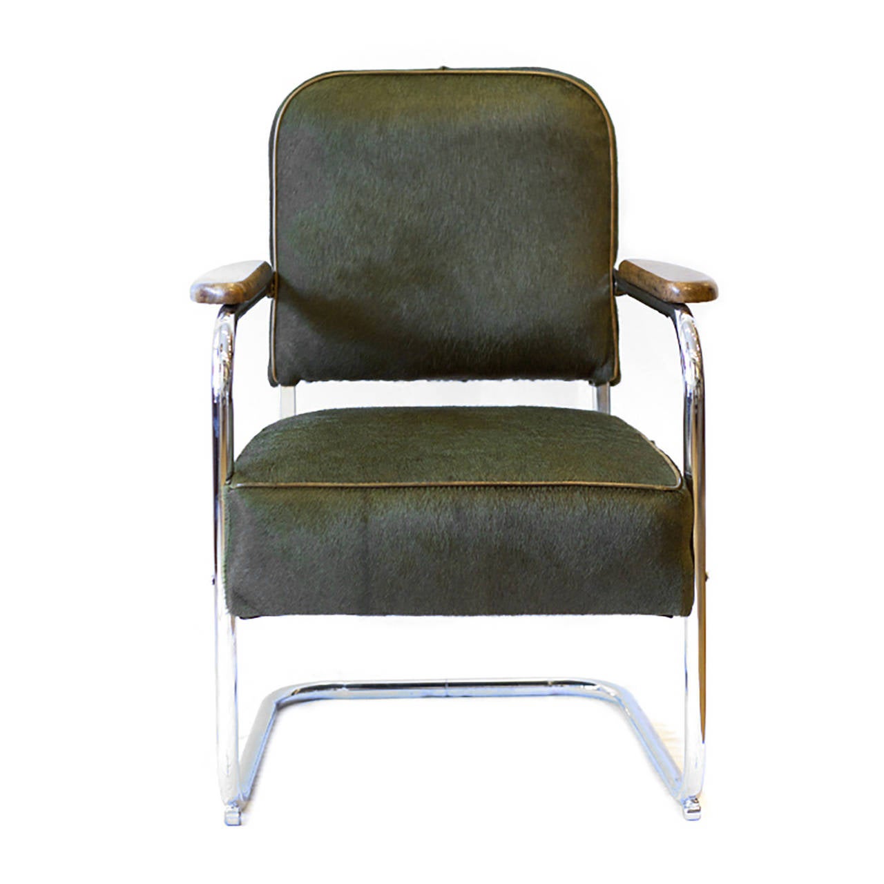 American Pair of Custom Olive Green Pony Hide Side Chairs