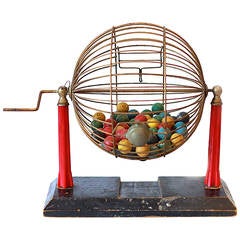 Vintage Bingo Cage with Bakelite Red Stand