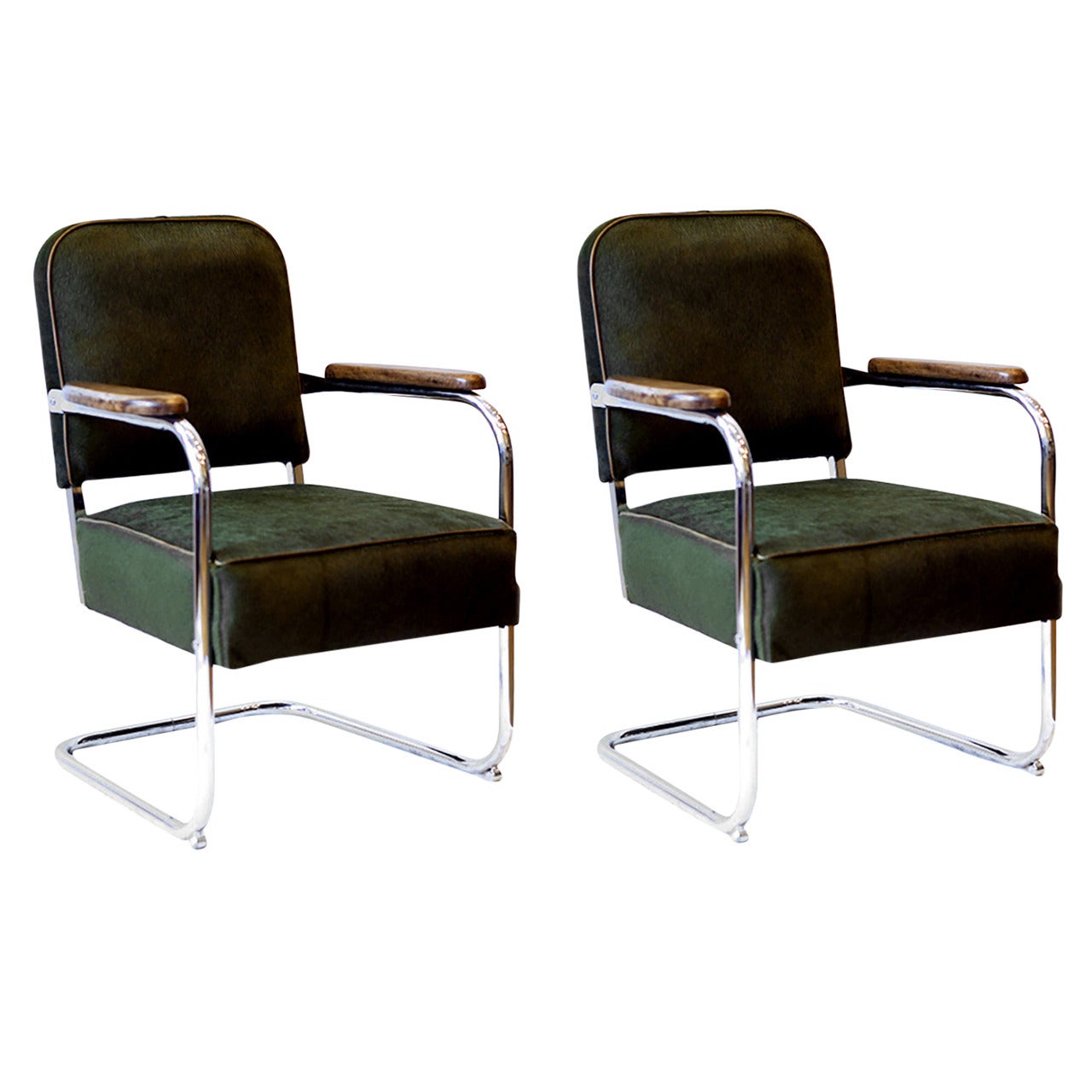 Pair of Custom Olive Green Pony Hide Side Chairs