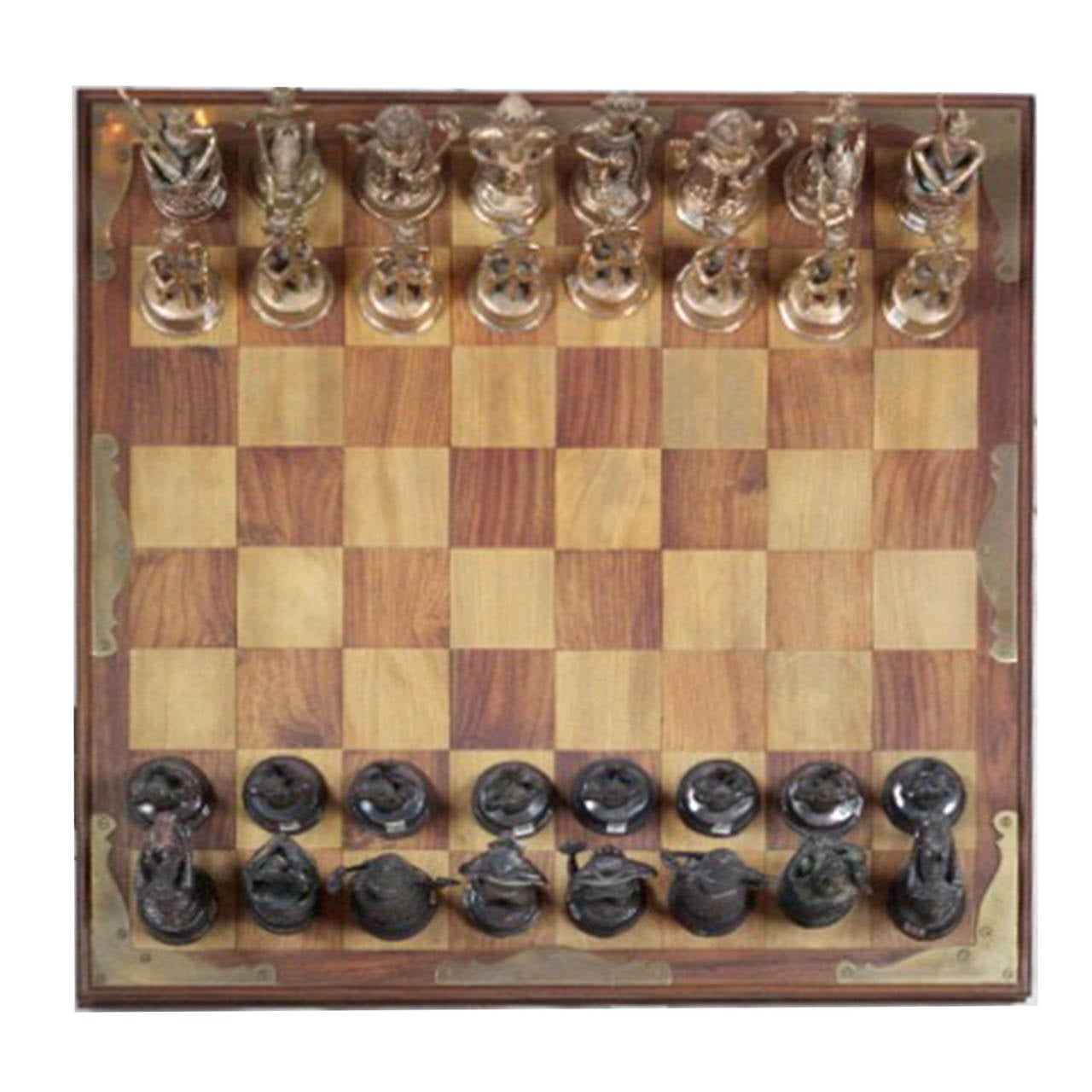 Mid-Century Modern Midcentury Indian Chess Set with Solid Brass Chess Pieces
