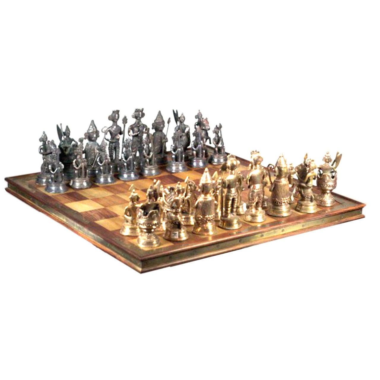 Midcentury Indian Chess Set with Solid Brass Chess Pieces