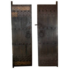 Antique Late 19th c. Studded Elmood and Cast Iron Chinese Garden Gate Doors c. 1860-1890