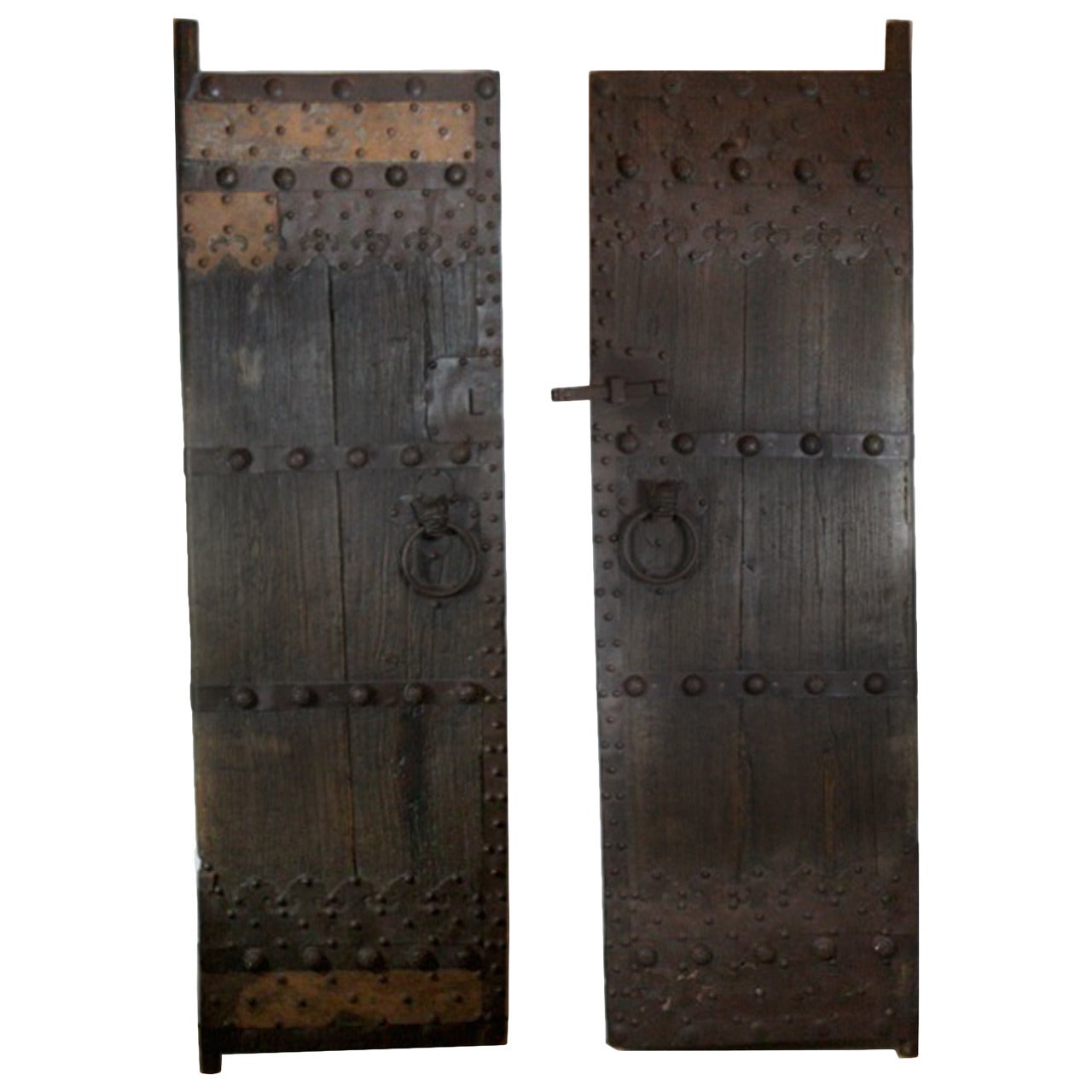 Late 19th c. Studded Elmood and Cast Iron Chinese Garden Gate Doors c. 1860-1890