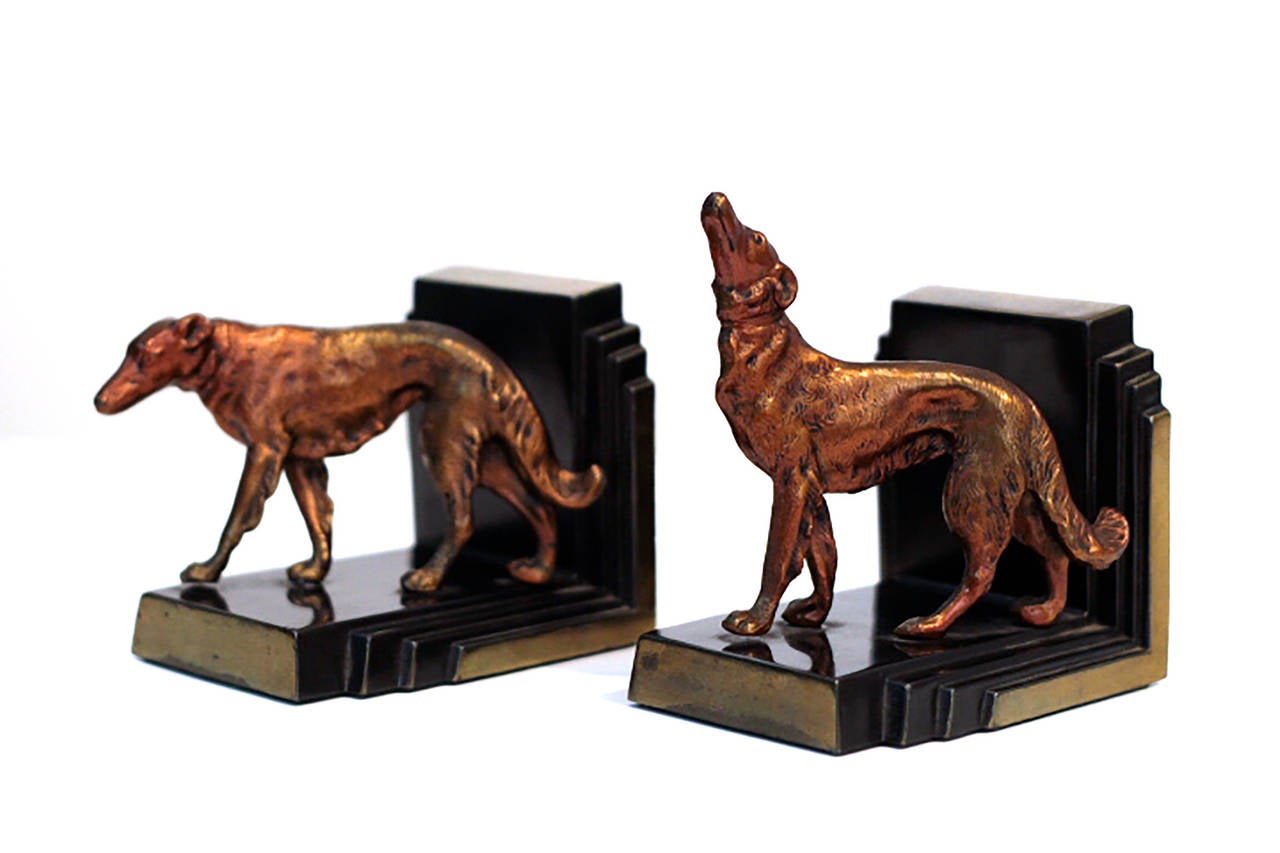 Pair of Art Deco Russian Wolfhound Bookends with bronze patina, circa 1930s.