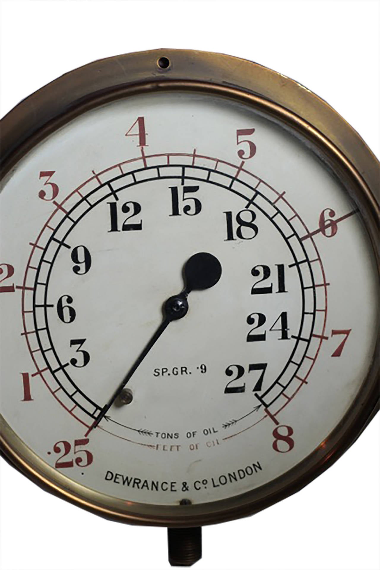 Large, solid brass English pressure gauge by Dewrance and Co., London.