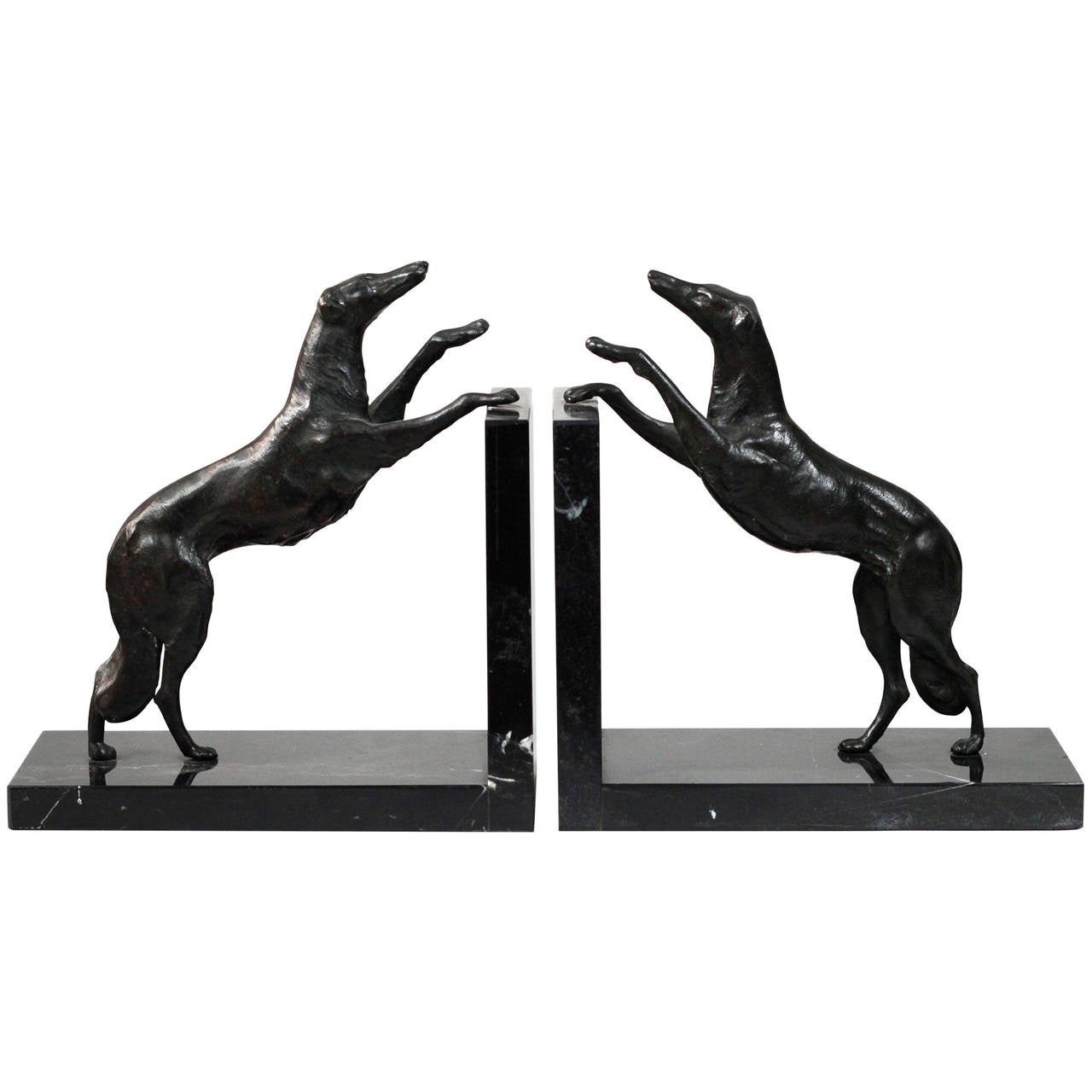 Mounumental Art Deco Borzoi Dog Bookends, Bronze and Marble For Sale at