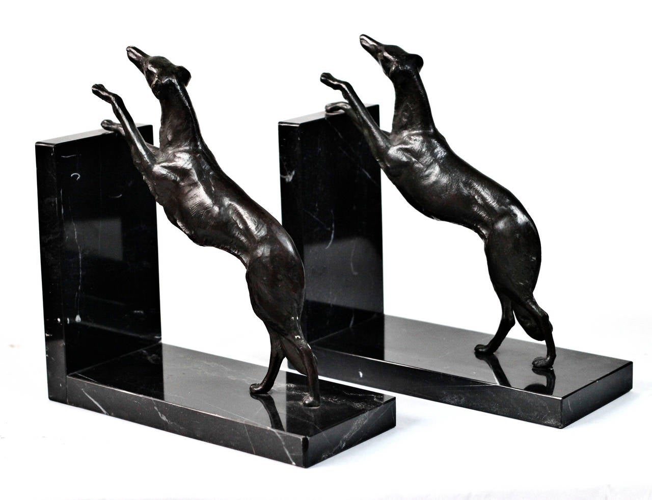 Mounumental Art Deco Borzoi Dog Bookends, Bronze and Marble For Sale at