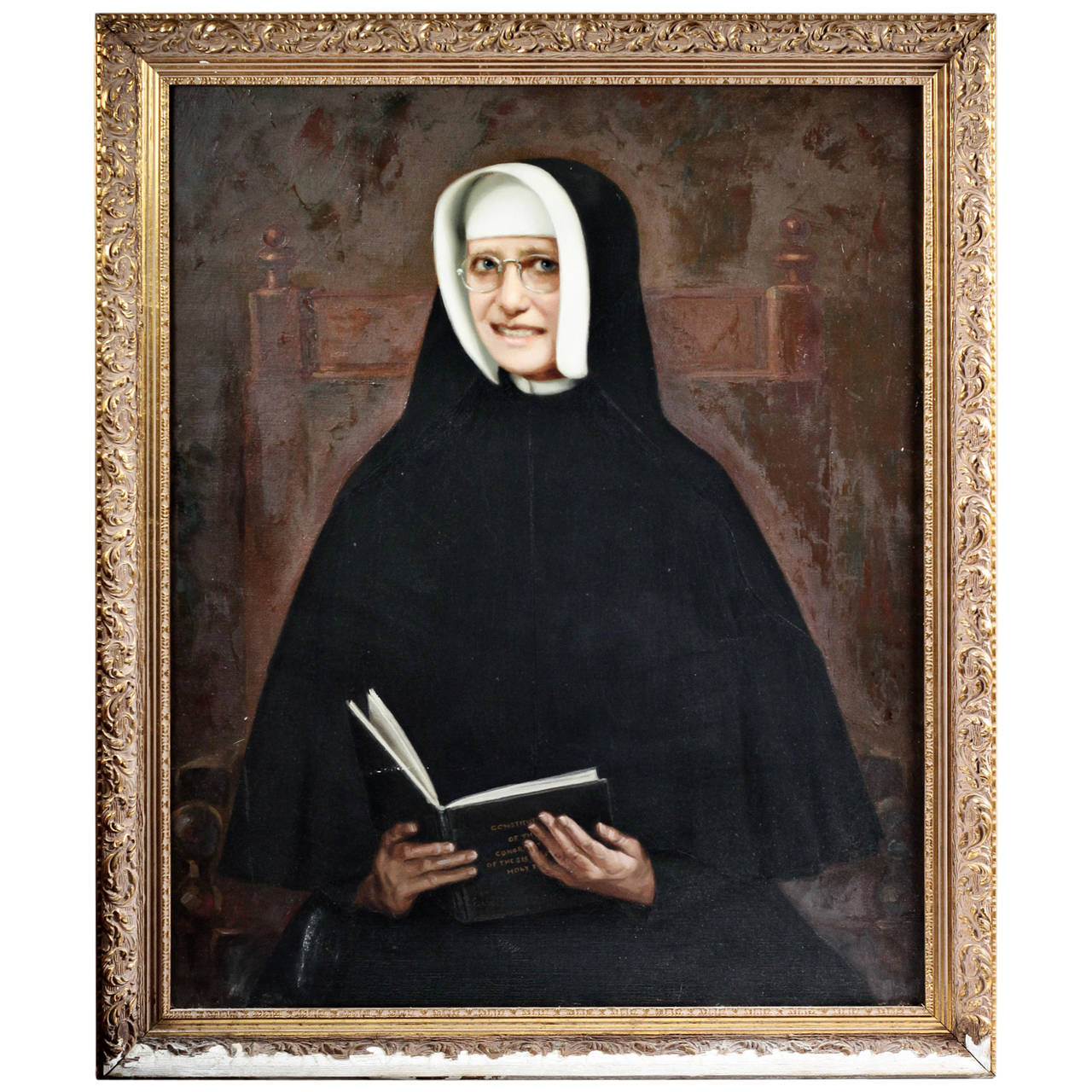 Oil painting young female portrait nun sister religieuse vestal with book canvas 
